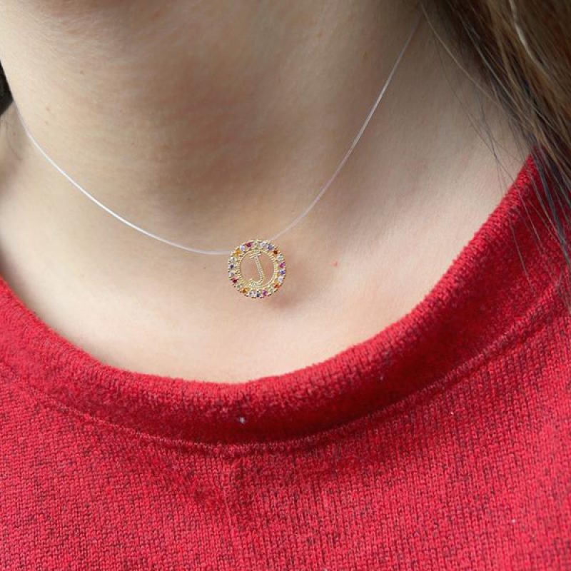 Colar Fio de Nylon Inicial Redonda Colors banhado em Ouro 18K