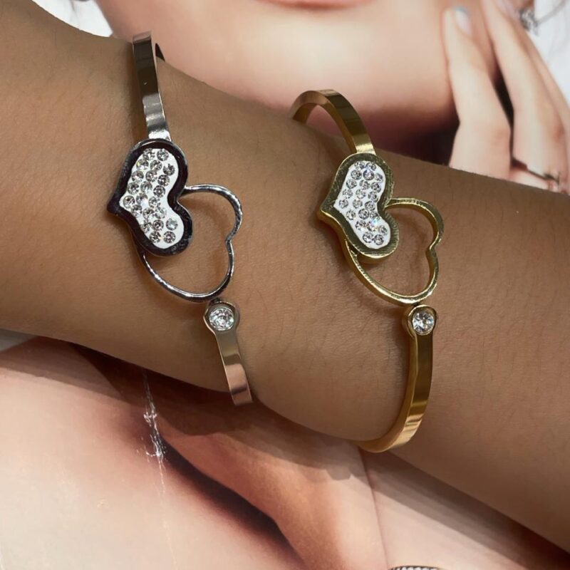 Bracelete Coração Duplo Cravejado em Aço