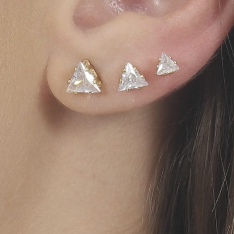 Brinco Trio de Triangulo Cravejado Banhado em Ouro 18K