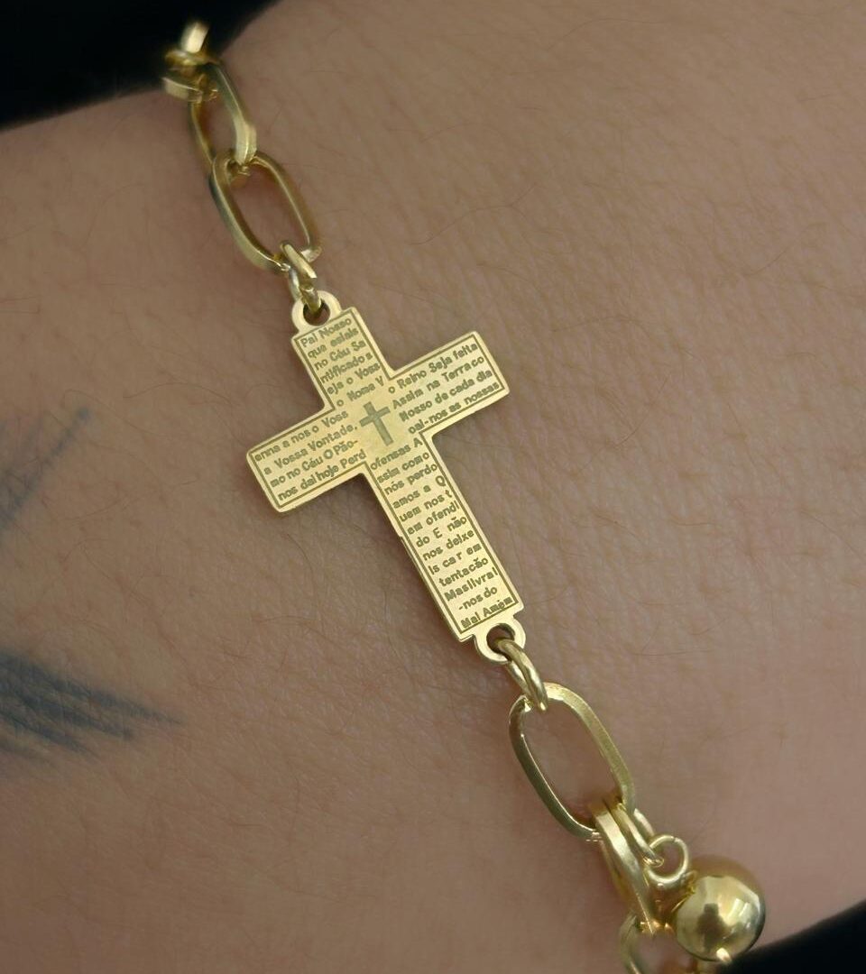 Pulseira Elo Crucifixo Pai Nosso em Aço