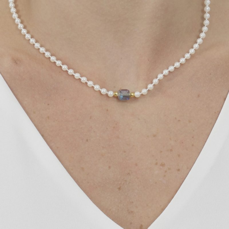 Choker de Pérola com Cristal Banhado em Ouro 18K