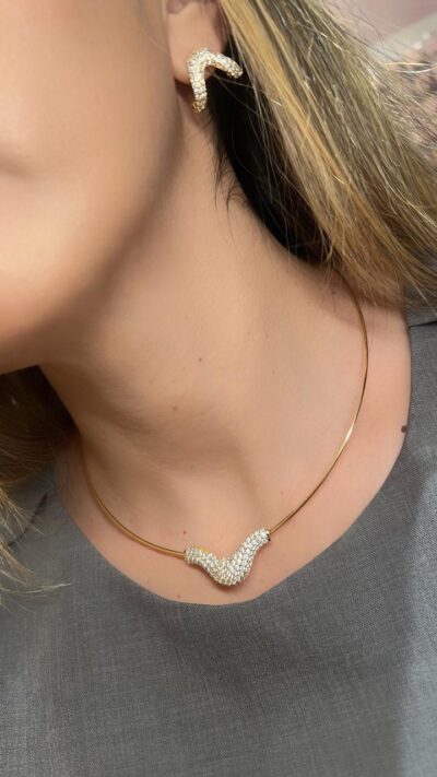 Conjunto Aro Curva Cravejado Banhado em Ouro 18k