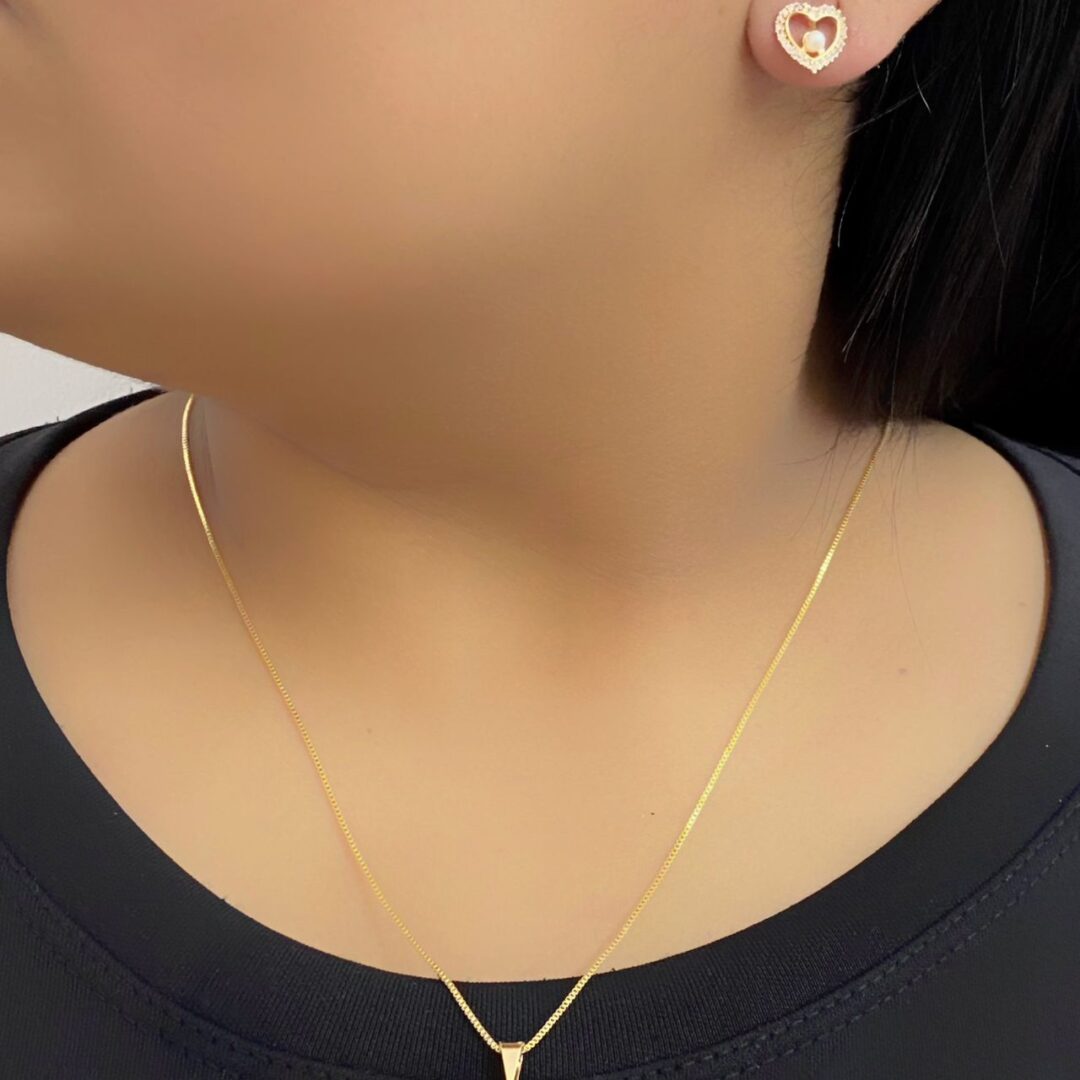 Conjunto de Coração com Perola Cravejado Banhado em Ouro 18K