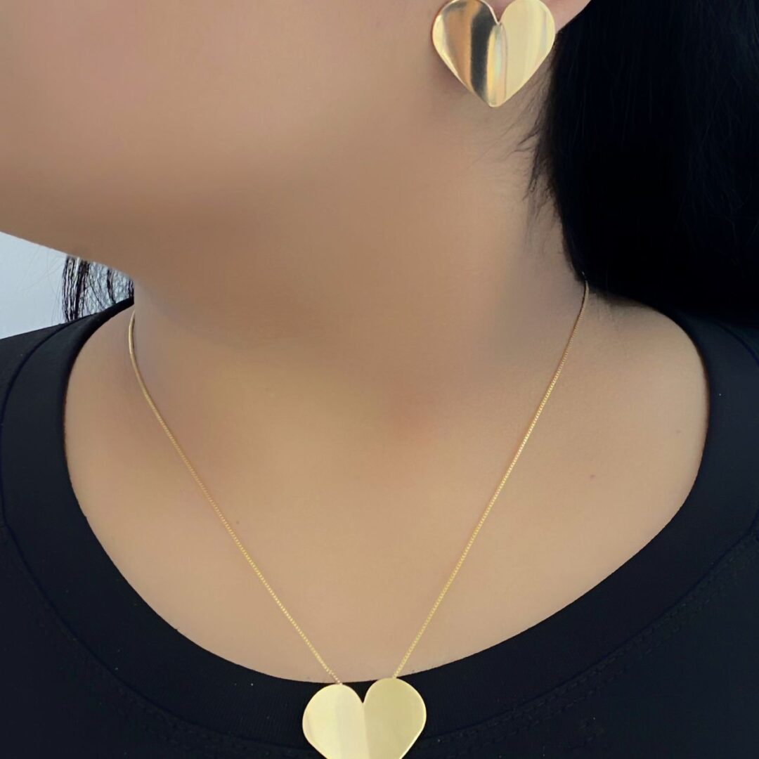 Conjunto Coração G Liso Banhado em Ouro 18k