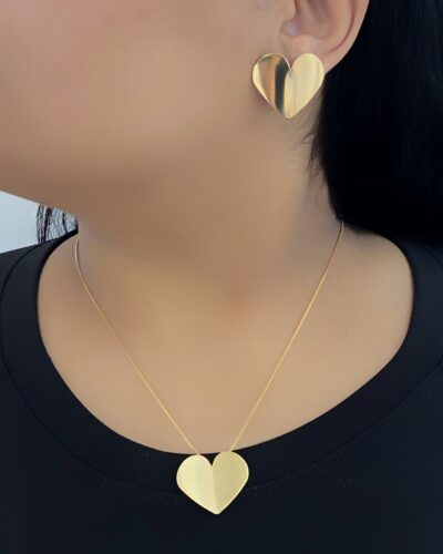 Conjunto Coração G Liso Banhado em Ouro 18k