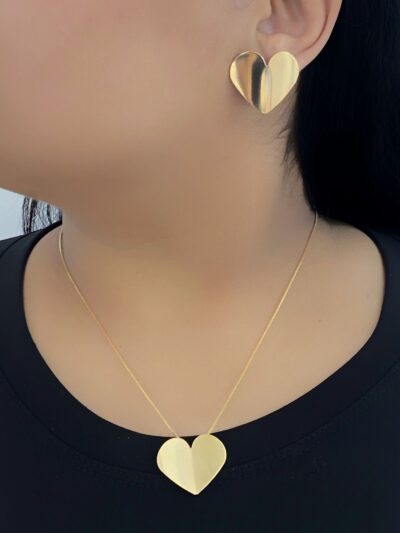 Conjunto Coração G Liso Banhado em Ouro 18k