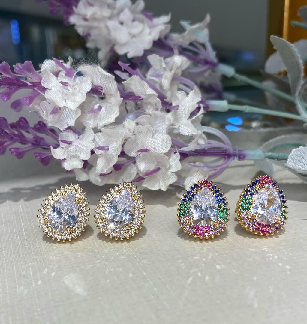 Brinco Gota Borda Cravejado Banhado em Ouro 18k