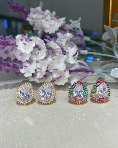Brinco Gota Borda Cravejado Banhado em Ouro 18k