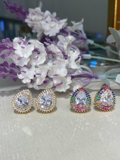 Brinco Gota Borda Cravejado Banhado em Ouro 18k