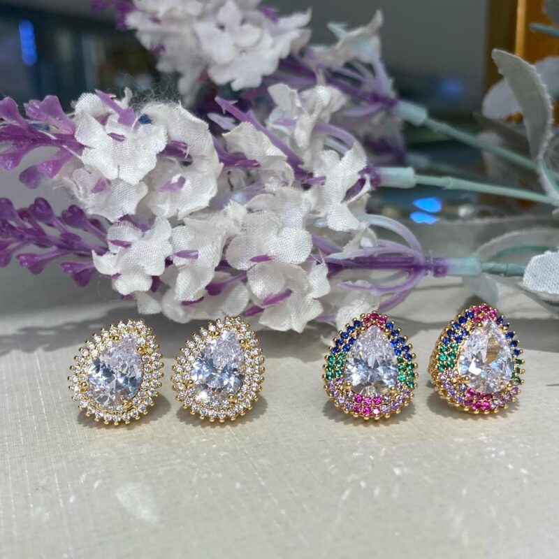 Brinco Gota Borda Cravejado Banhado em Ouro 18k