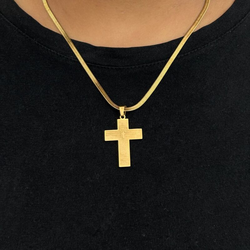 Colar Fita Crucifixo Pai Nosso em Aço