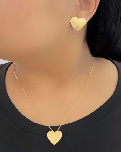 Conjunto Coração Fosco Banhado em Ouro 18k