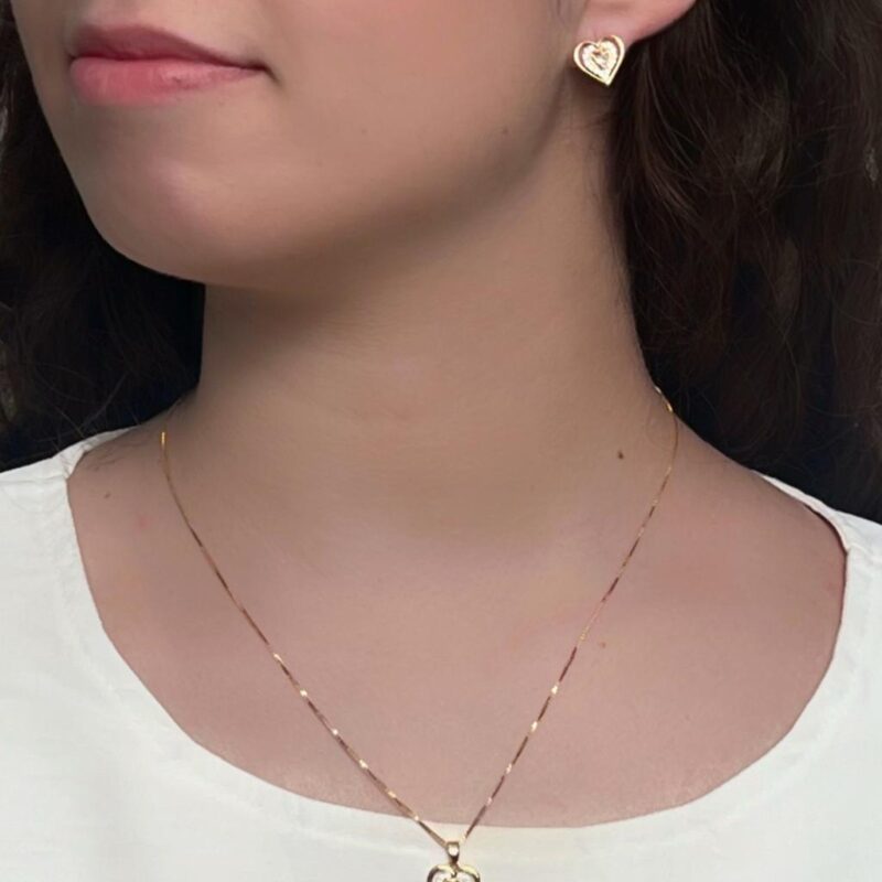 Conjunto Coração Trabalhado Cravejado Banhado em Ouro 18k