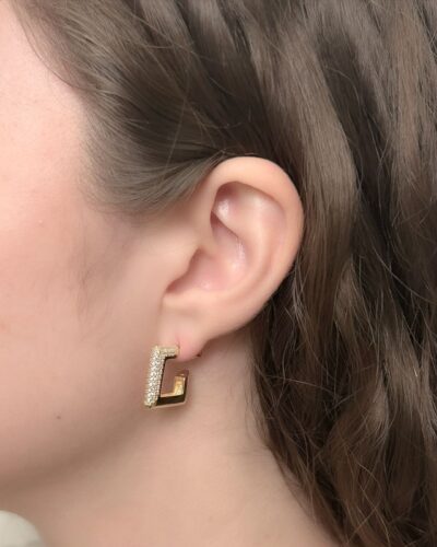 Brinco Argola Quadrada Cravejada/Lisa M Banhado em Ouro 18K