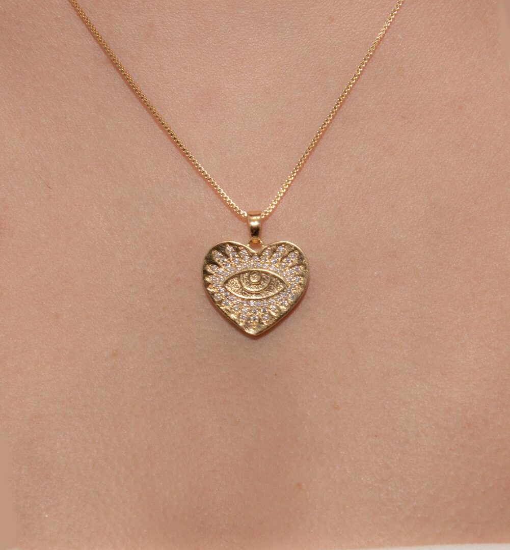Colar Coração Olho Grego Cravejado Banhado em ouro 18k