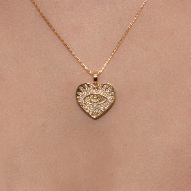 Colar Coração Olho Grego Cravejado Banhado em ouro 18k