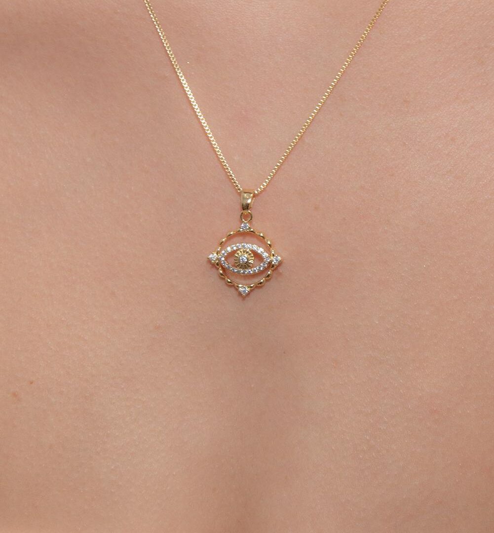Colar Redondo Olho Grego Cravejado Banhado em Ouro 18k
