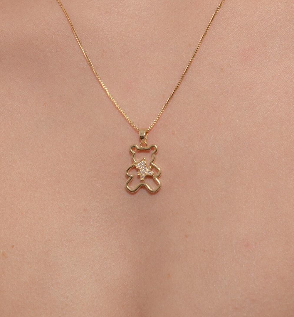 Colar Ursinho Duo Vazado Cravejado Banhado em Ouro 18k