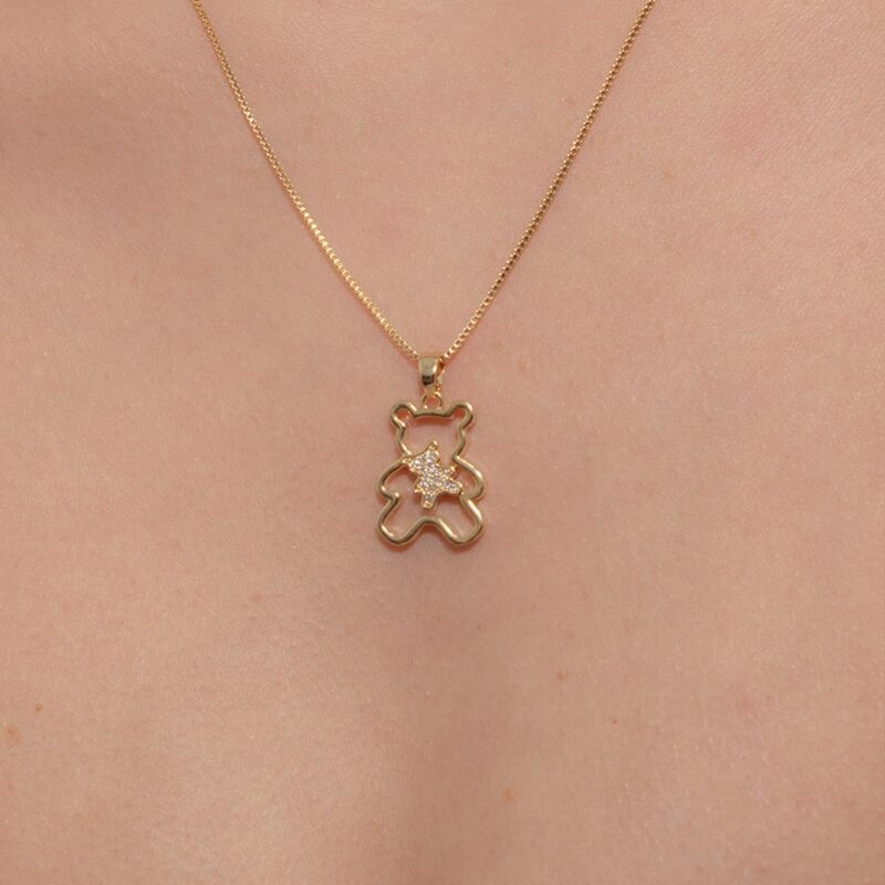 Colar Ursinho Duo Vazado Cravejado Banhado em Ouro 18k