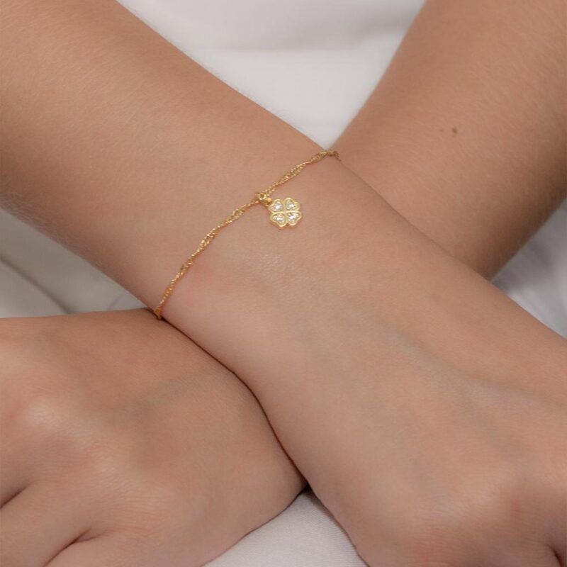 Pulseira Trevo Singapura Cravejado Banhado em Ouro 18k