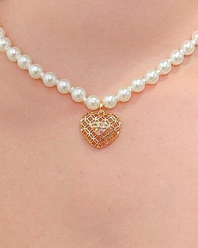 Choker Perola com Coração Cravejado Banhado em Ouro 18k