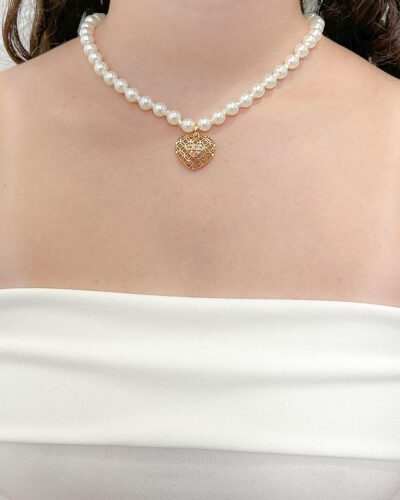 Choker Perola com Coração Cravejado Banhado em Ouro 18k - Imagem 2