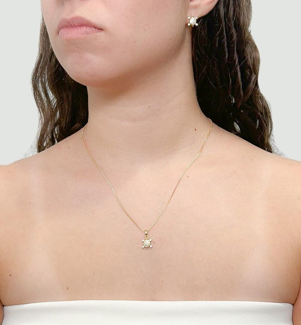 Conjunto Tartaruga Cravejado Banhado em Ouro 18K