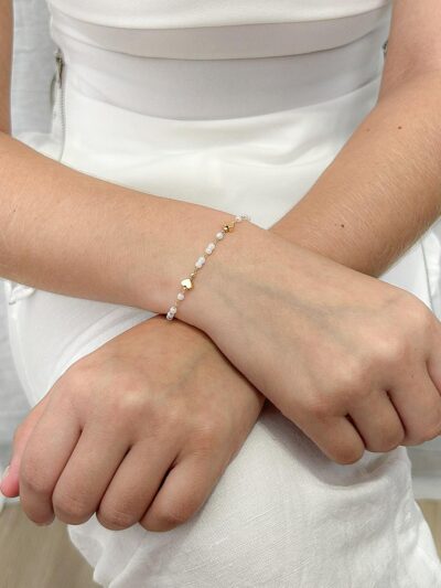 Pulseira Perola com Coração Banhado a Ouro 18k