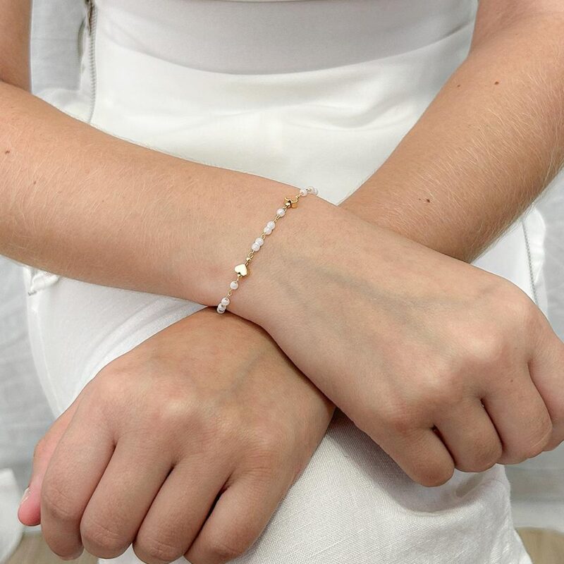 Pulseira Perola com Coração Banhado a Ouro 18k
