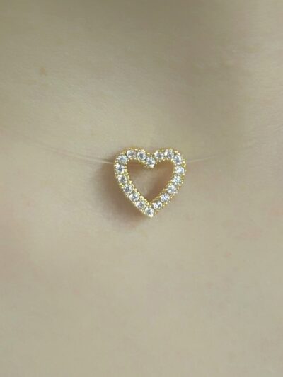 Conjunto Coração Cravejado Fio de Nylon Banhado em Ouro 18k - Imagem 3