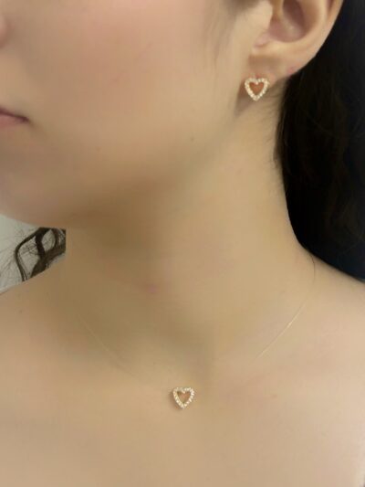 Conjunto Coração Cravejado Fio de Nylon Banhado em Ouro 18k