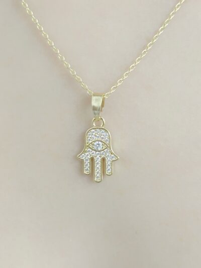 Colar Mão de Fatima Cravejado Banhado em Ouro 18k