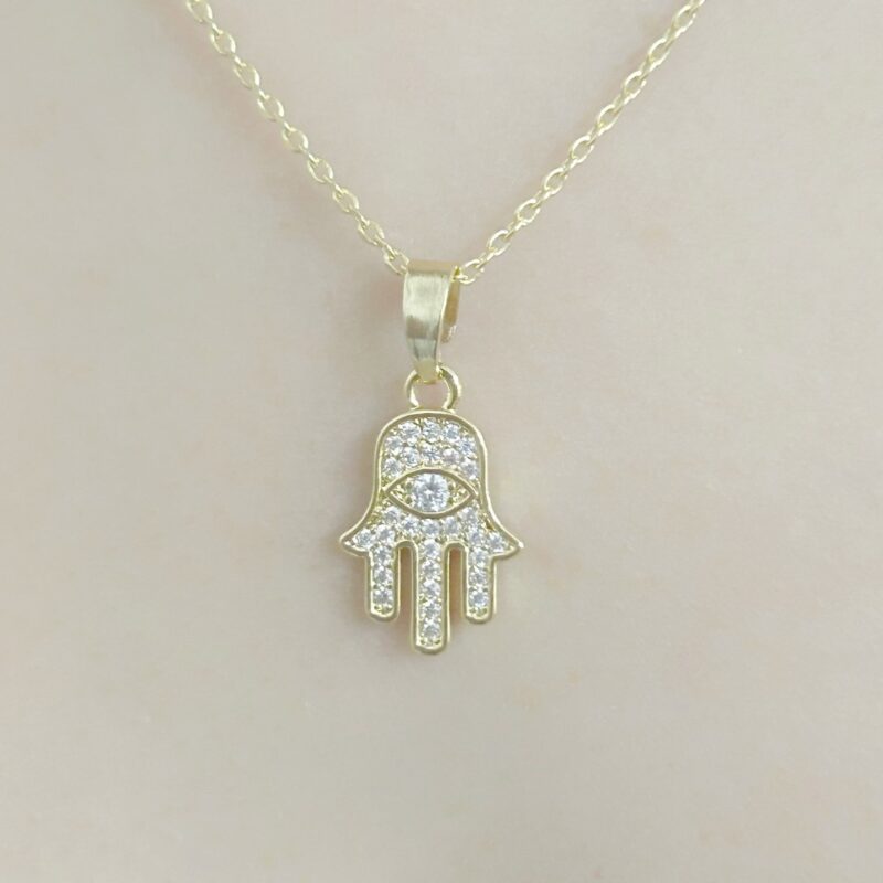 Colar Mão de Fatima Cravejado Banhado em Ouro 18k