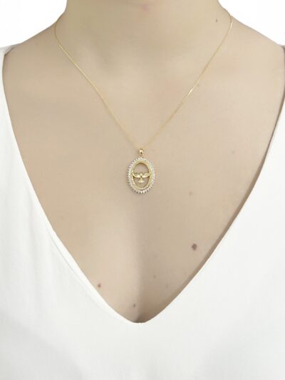 Colar Oval Espirito Santo Cravejado Banhado em Ouro 18k