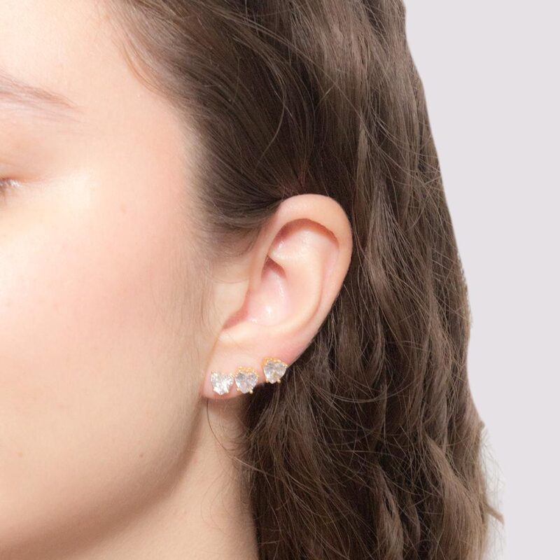 Brinco Trio Coração Cravejado Banhado em Ouro 18k