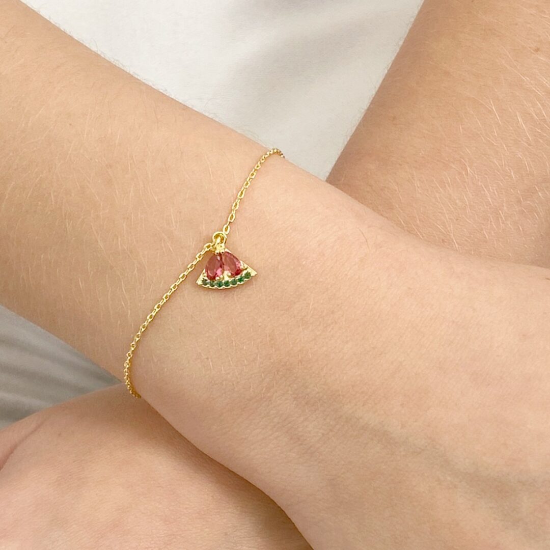 Pulseira Melância Cravejado Banhado em Ouro 18k