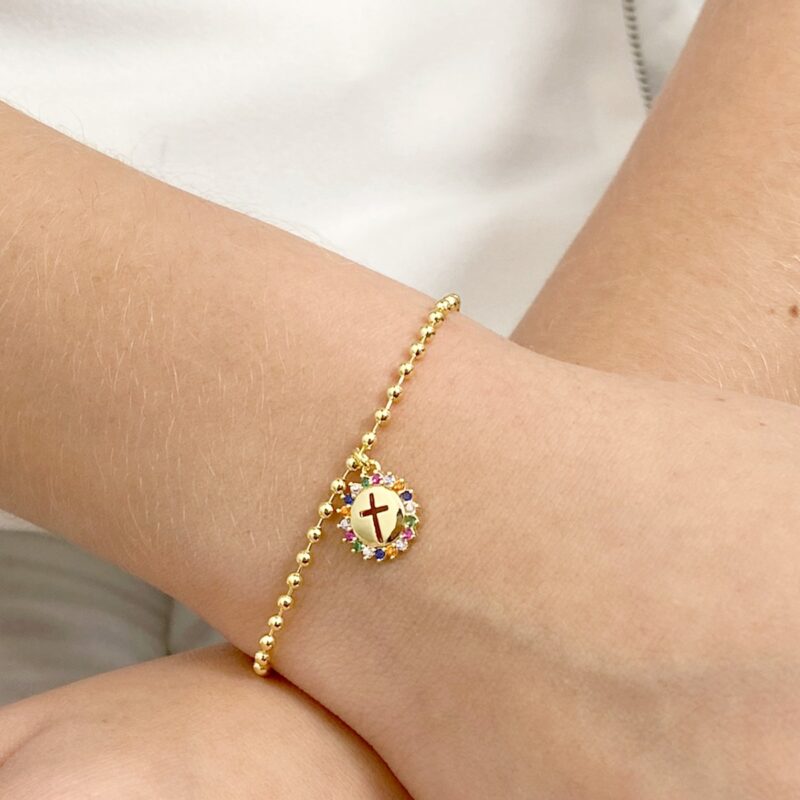 Pulseira Bolinha Bolinha Cruxifixo Cravejado Banhado em Ouro 18k