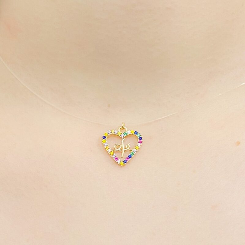 Colar Colar Fio de Nylon Coração Fé Cravejado Banhado em Ouro 18k