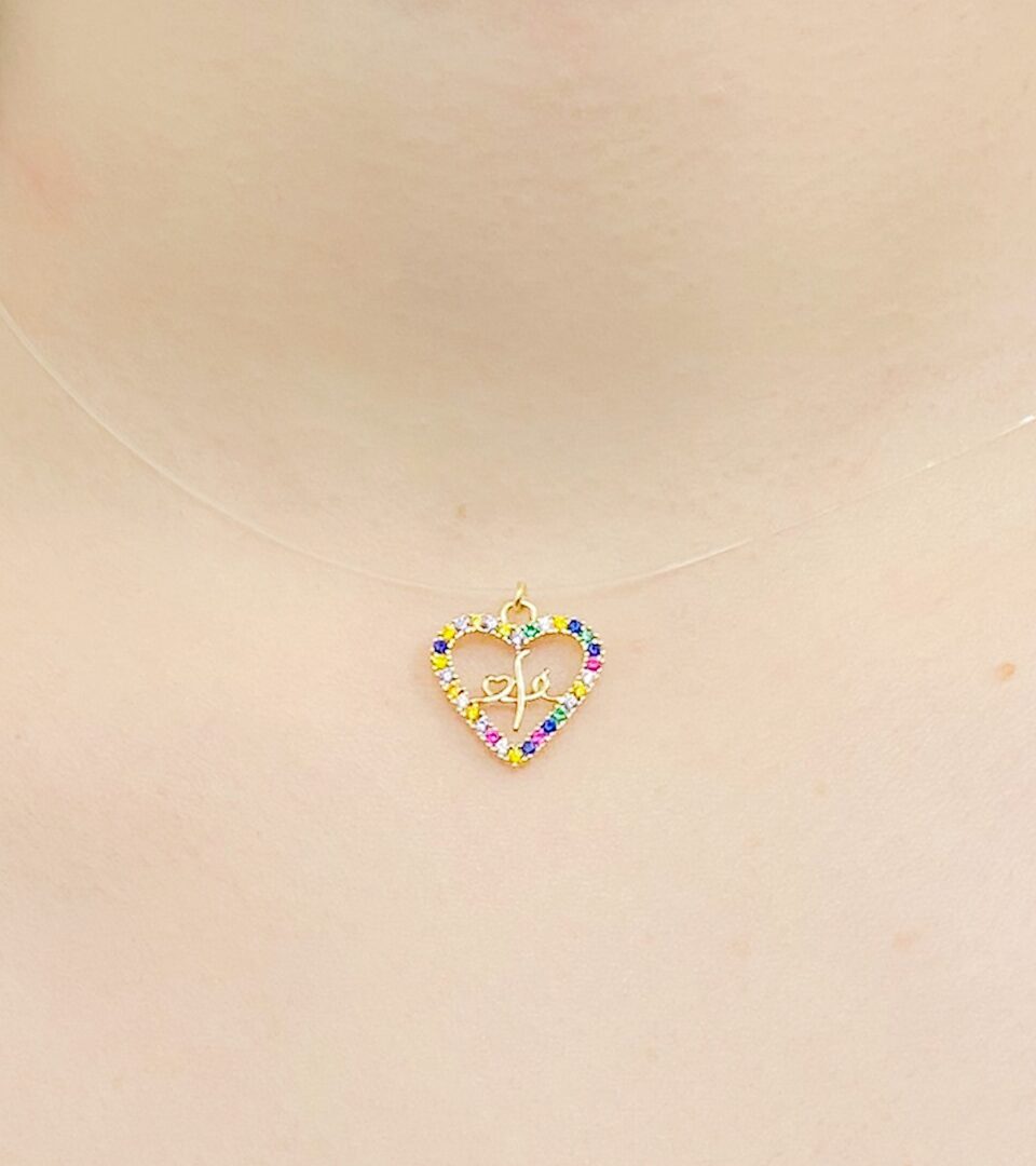 Colar Colar Fio de Nylon Coração Fé Cravejado Banhado em Ouro 18k