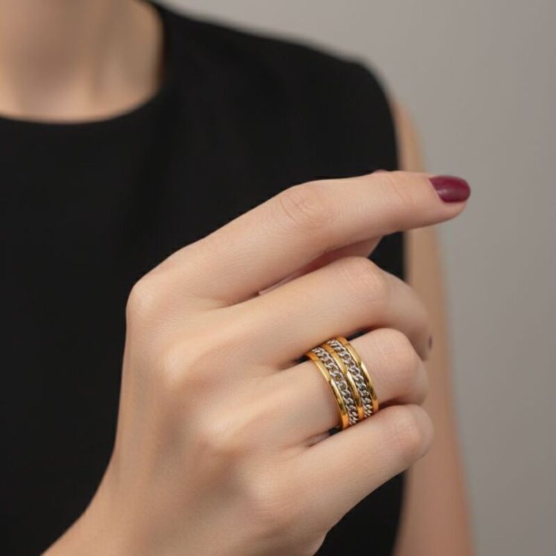 Anel Trançado Duplo Dourado em Prata em aço