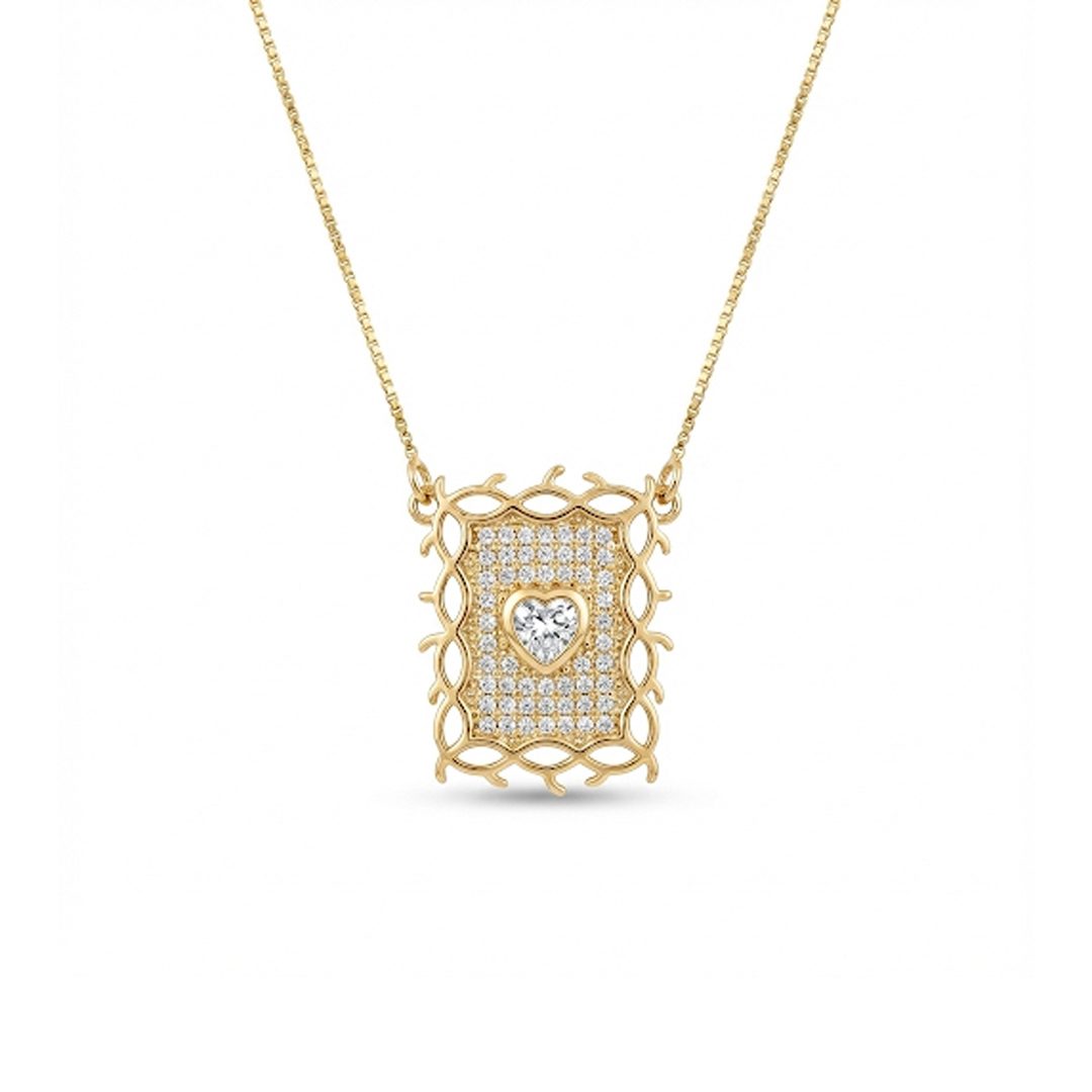 Colar Quadrado Coração Cravejado Banhado em Ouro 18k