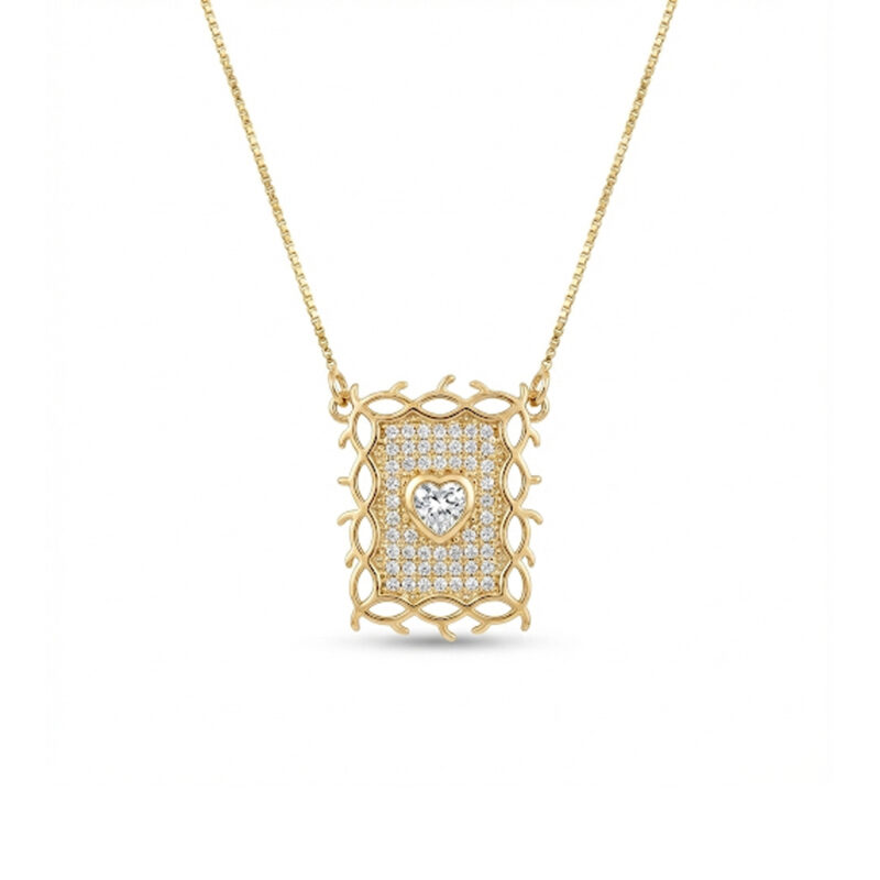 Colar Quadrado Coração Cravejado Banhado em Ouro 18k