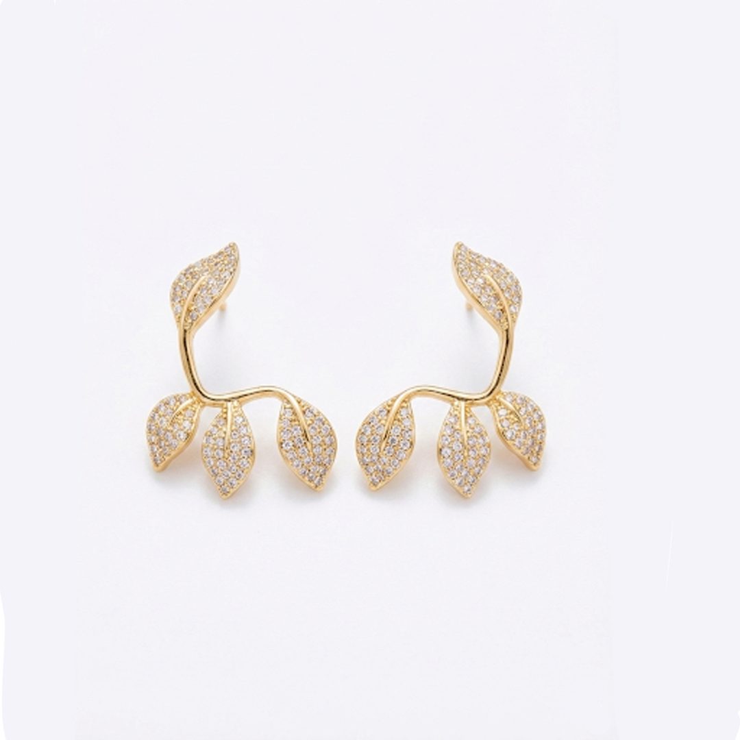 Brinco Folhas Cravejado Banhado em Ouro 18k