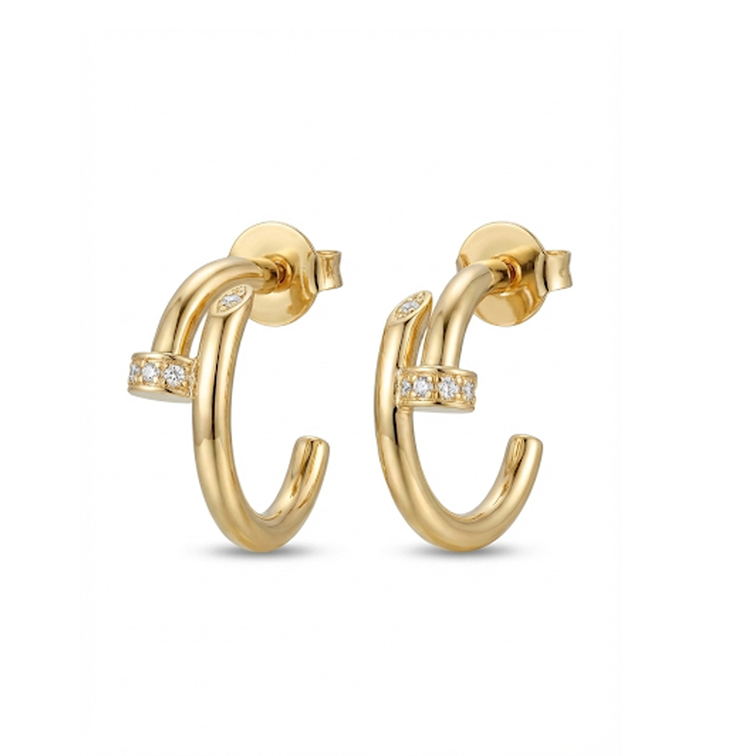 Brinco Meia Argola Prego Cravejado Banhado em Ouro 18K