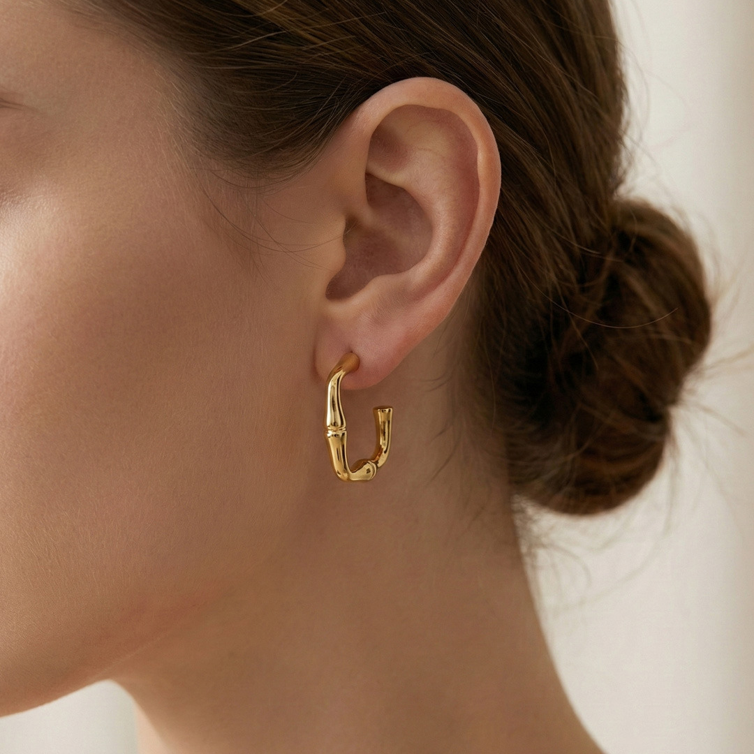 Brinco Argola Quadrado Bambu Banhado em Ouro 18k