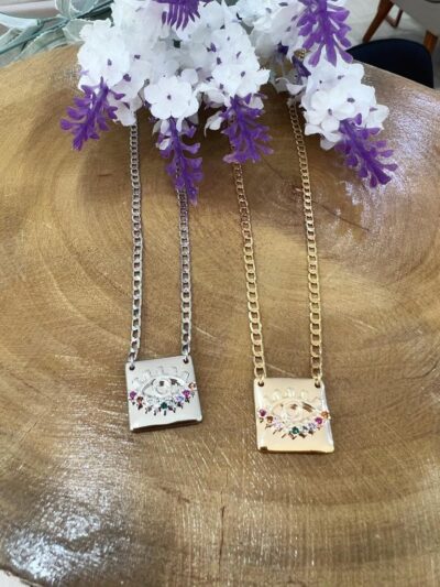 Colar Plaquinha Olho Grego Colors banhado em Ouro 18K/Ródio Branco