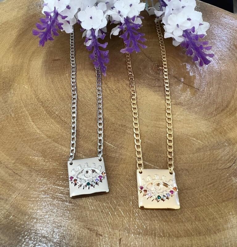 Colar Plaquinha Olho Grego Colors banhado em Ouro 18K/Ródio Branco