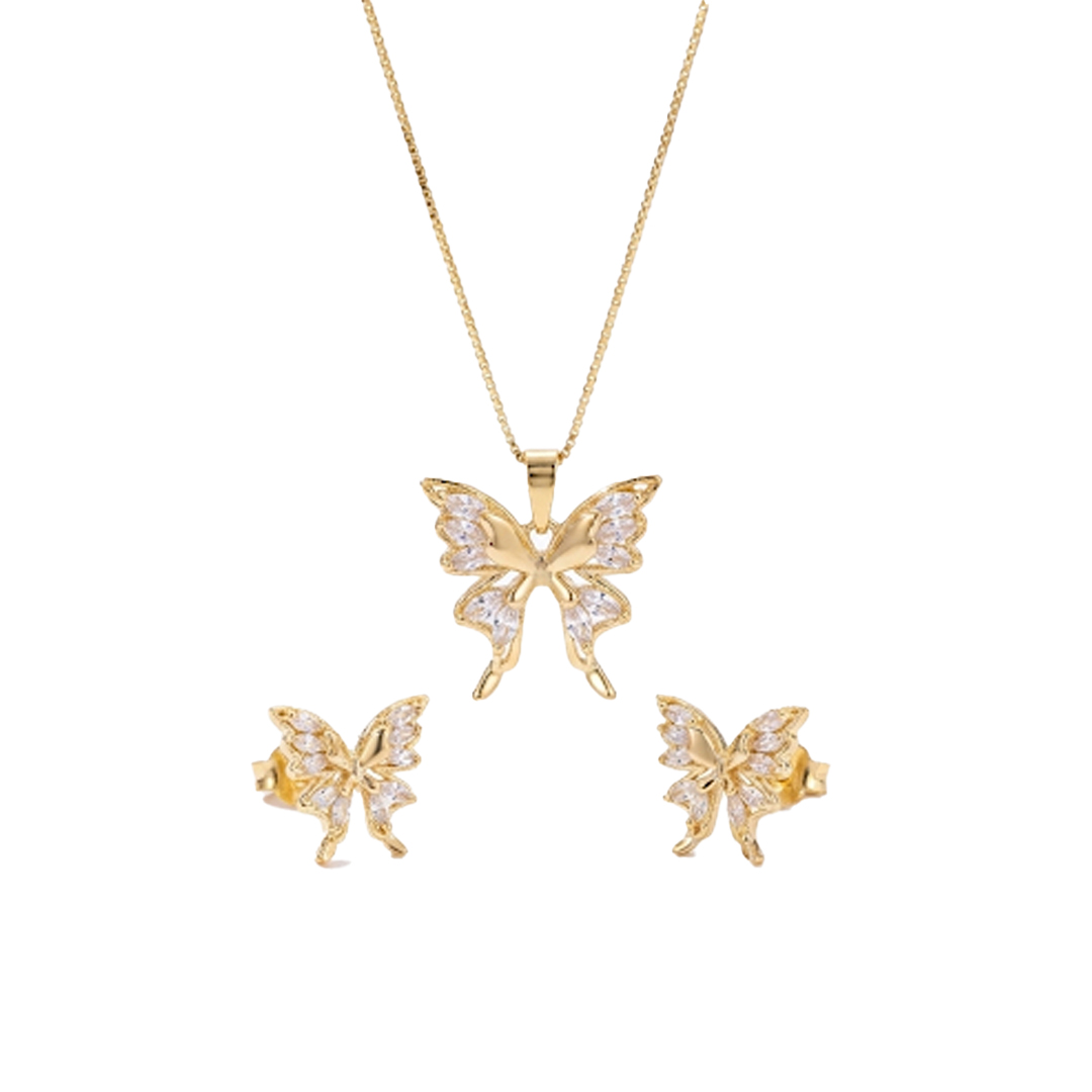 Conjunto Borboleta Cravejado Banhado em Ouro 18k