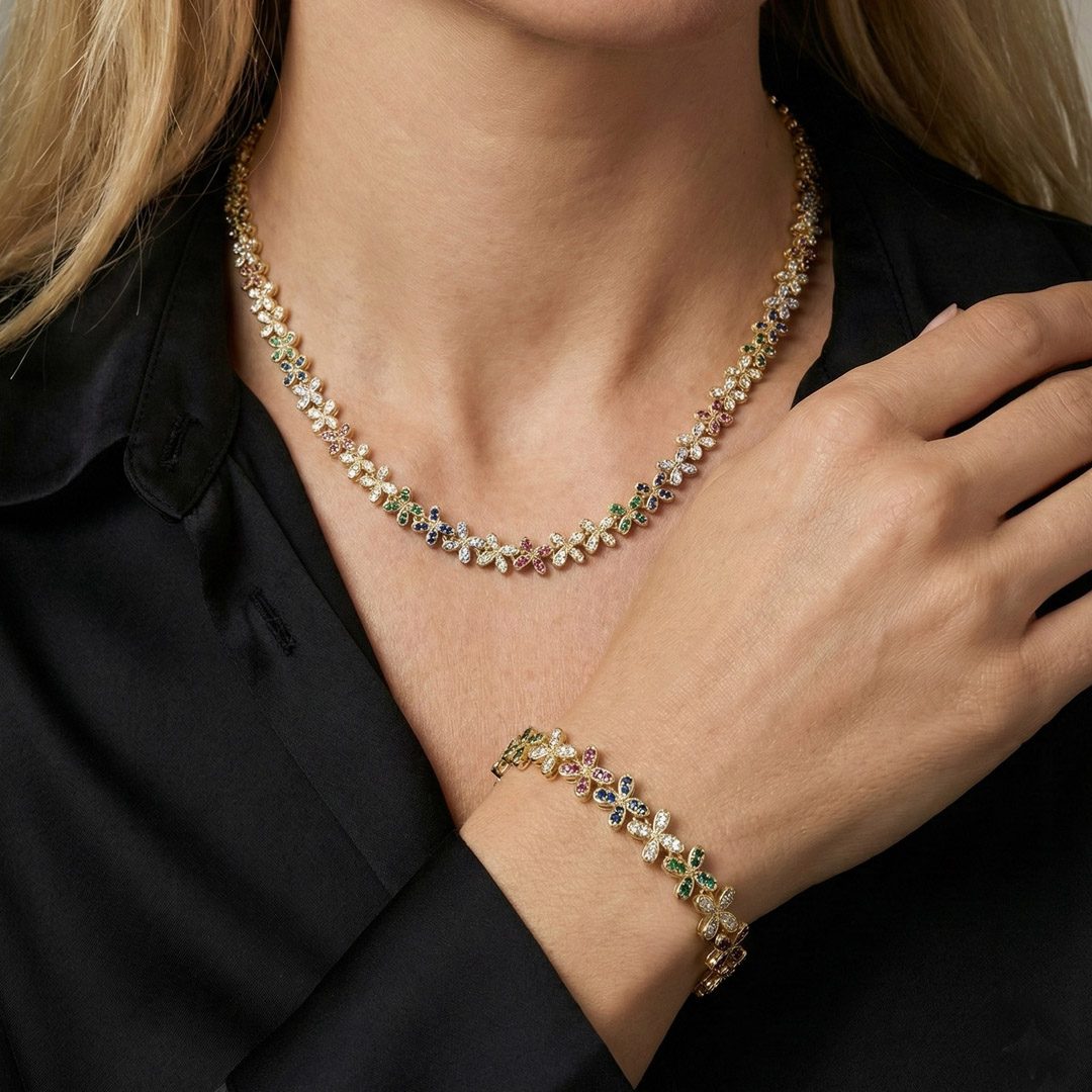 Choker Riviera Flores Cravejado Banhado em Ouro 18k