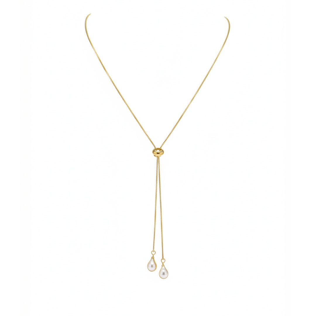 Colar Longo Gravatinha Perola Maroco Banhado em Ouro 18k